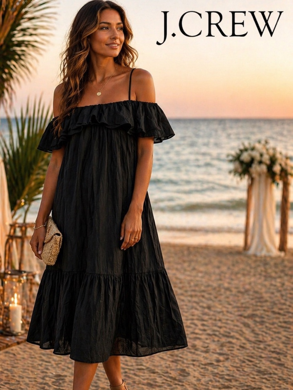 J.Crew,Year-Round Black Cotton Off-Shoulder Ruffle Tiered Midi Dress, Size XS